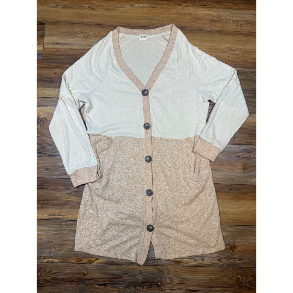 BKE Womens Colorblock Longline Cardigan Sweater Tan Cream Button Front Size M